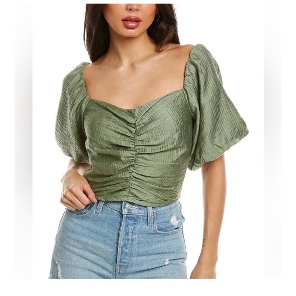 Lucy Paris Naomi Puff Sleeve Smocked Crop Top Sage Green Medium‎ Blouse Boho